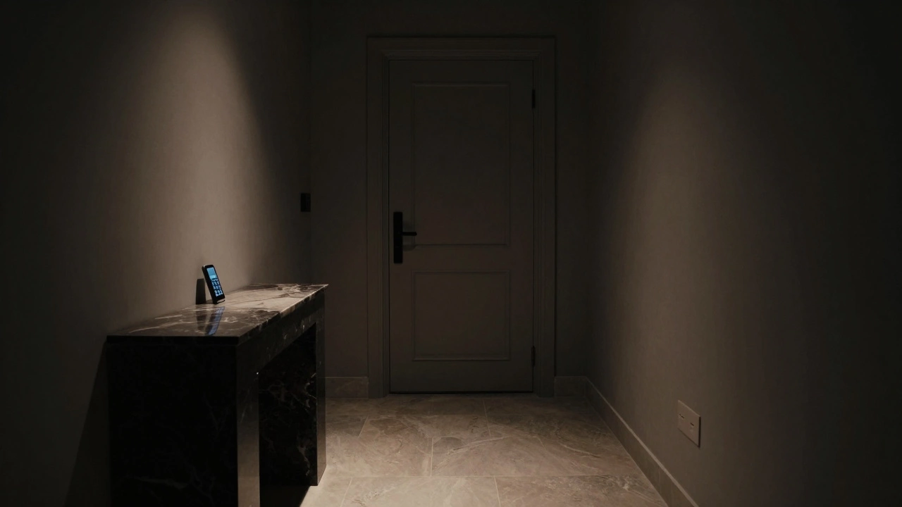 An empty luxury hallway with a closed door and keycard on marble, symbolizing discretion and privacy.